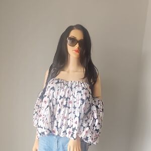 Express Floral Off-Shoulder Blouse in Navy and Pink
